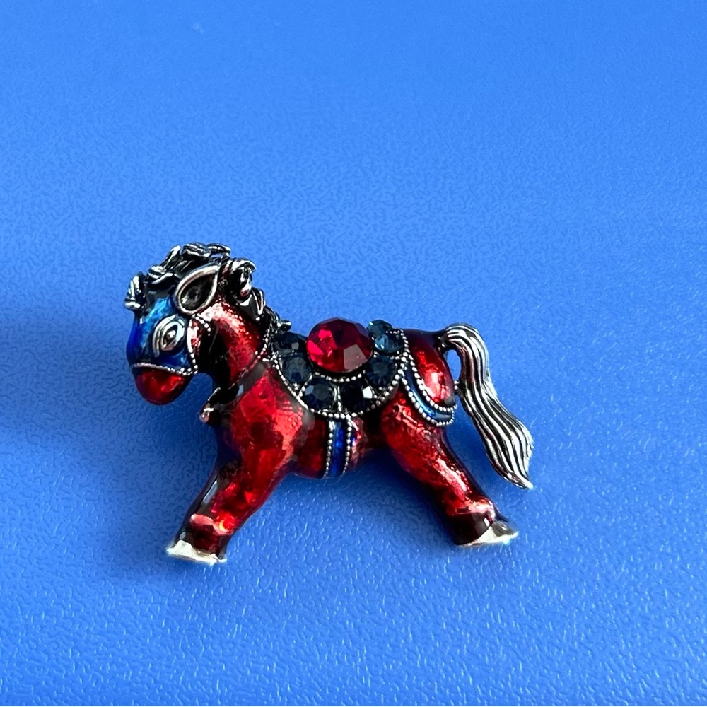 Red Horse Brooch with Silver Accents